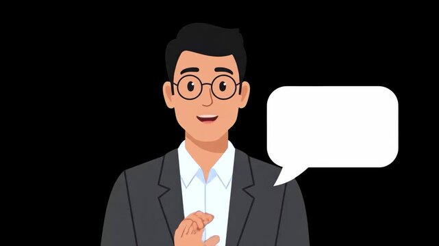 An animated professional man wearing glasses and a suit jacket, accompanied by a blank white speech bubble against a solid black background. This high-contrast graphic is excellent for corporate tutor