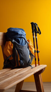 A pair of trekking poles and a small backpack on a wooden bench against a yellow studio background, no people, hiking gear, trekking poles, backpack, outdoor adventure, exploration, travel gear,