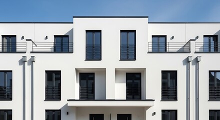 Obraz premium Modern White Apartment Building Facade with Black Windows and Balconies