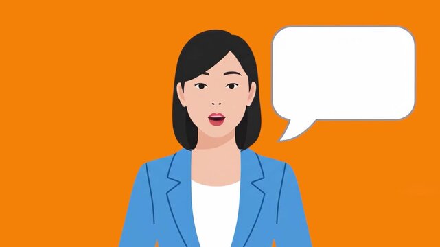 A flat 2D animated businesswoman in a blue suit communicates with a blank white text bubble. The vibrant orange background makes it perfect for attention-grabbing social media ads and digital marketin