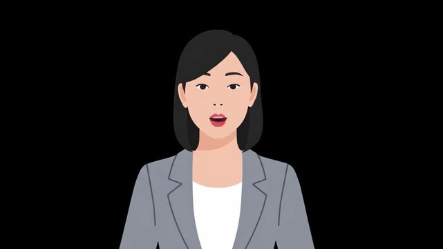 A professional 2D animation of a businesswoman in a grey suit performing a talking action. Set against a solid black background, this asset is optimized for high-contrast video projects and includes f