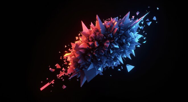 A dynamic abstract composition showing total fragmentation. Scattered geometric elements create visual noise and complexity against a dark background, dark, pattern, tangled