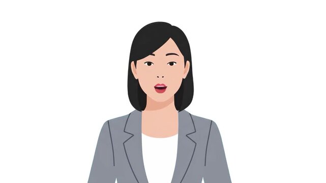 A 2D flat animation of a woman in business attire talking. This isolated character avatar is designed for clean web interfaces, educational content, and customer service applications.