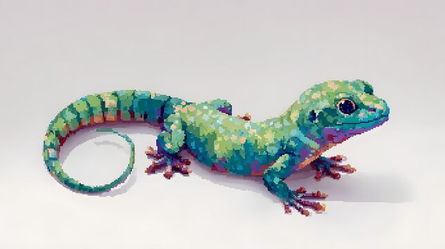 Green Lizard Reptile Pixel Art Illustration on White Background Isolated