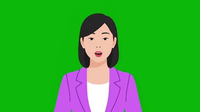 A flat design 2D animated East Asian female anchor or manager with light skin tone and dark hair speaking directly to the audience. The cartoon presenter is isolated on a chroma key green screen backg