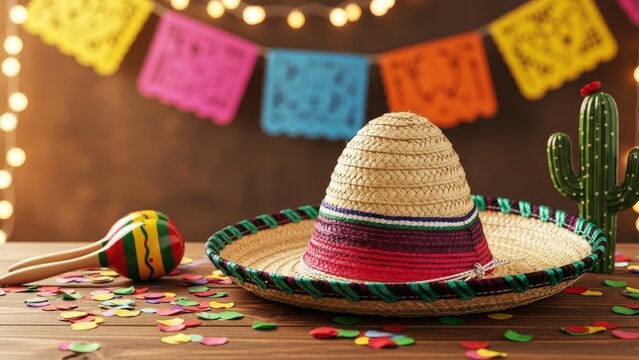 Mexican fiesta party setup with sombrero, maracas, and cactus on wooden table.