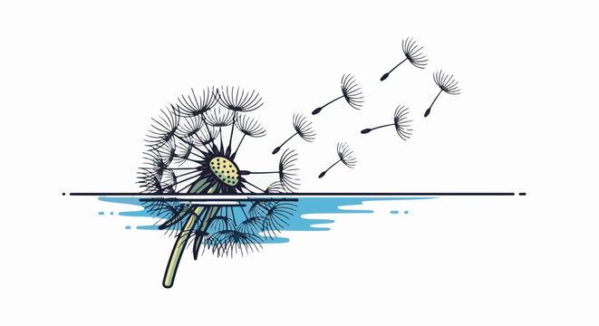 A dandelion puffball's seeds are carried away by the wind over a blue watery reflection