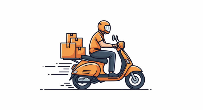 A delivery person on an orange scooter with boxes attached to the back is speeding