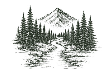 Obraz premium Vintage engraving style vector illustration of a winding river flowing through a pine forest with a majestic mountain peak in the background