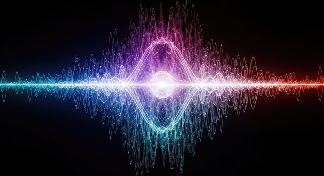 Abstract glowing quantum energy field on a dark background showing complex wave functions and ethereal particles, hi-tech, subtle, effect