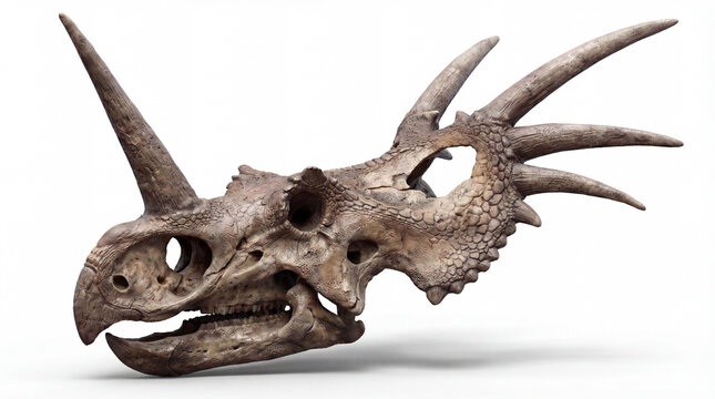Styracosaurus albertensis skull isolated on white background, detailed scientific reconstruction highlighting horned frill structure and ceratopsian anatomy.
