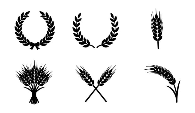 Wheat ear icons set, black laurel wreath vector, 6 organic grain symbols