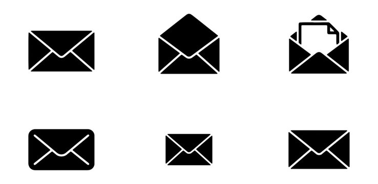 Minimalist envelope icon set, black mail vector symbols, 6 email UI elements