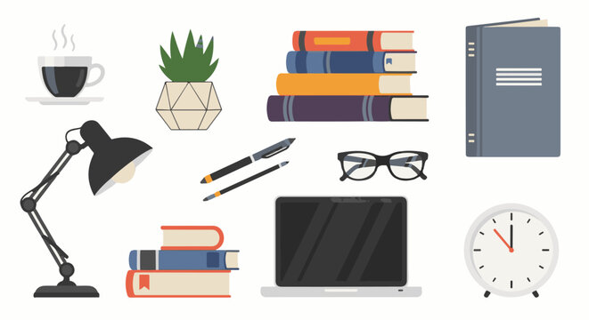 A collection of study and work items including books, a laptop, a lamp, and coffee