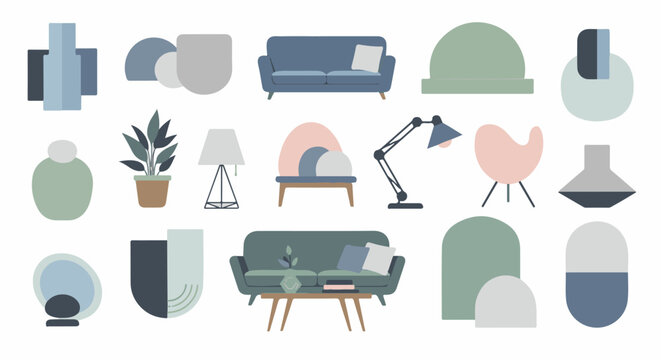 A collection of stylized abstract furniture and decorative objects in muted pastel colors