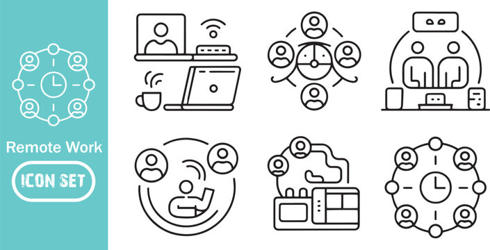 Remote Work and Hybrid Office Icon Set: Linear Vector Symbols for Virtual Collaboration, Home Office, Video Conferencing, Digital Nomad Lifestyle, and Online Team Management