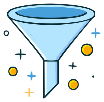 Blue cartoon funnel surrounded by decorative sparkles and circles