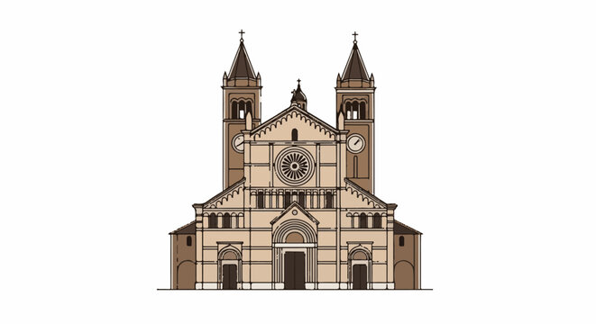 A digital illustration of a grand, symmetrical religious building with two prominent towers and a central rose window