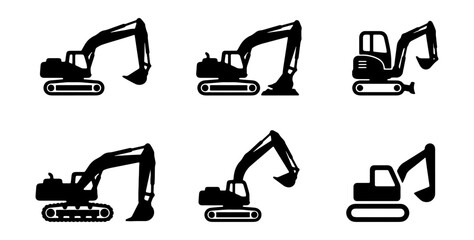 Excavator icons, construction vehicles, digger symbols, heavy equipment, black silhouette © Shahrin