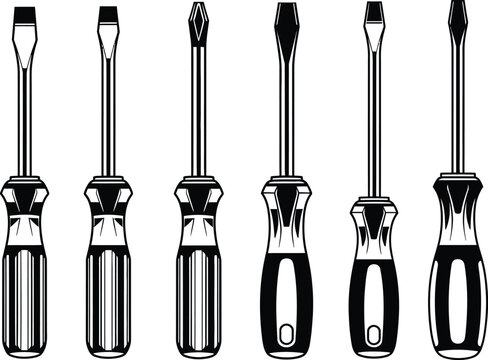 Assortment of six screwdrivers on a white background tool set illustration