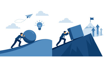 Fototapeta premium Corporate Professionals Shoving Orb and Block Upward Representing Productivity and Intelligent Labor Versus Grueling Task Comparison; Modern Tactical Solutions for Market Rivalry.