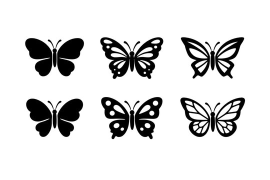 Set of six black butterfly vector icons featuring diverse wing patterns and silhouettes, ideal for nature-inspired logos, decorative elements, tattoo designs, and minimalist graphic projects.