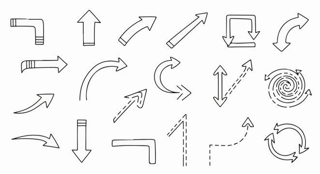 A collection of hand-drawn arrows in various shapes and directions, rendered in a simple outline style