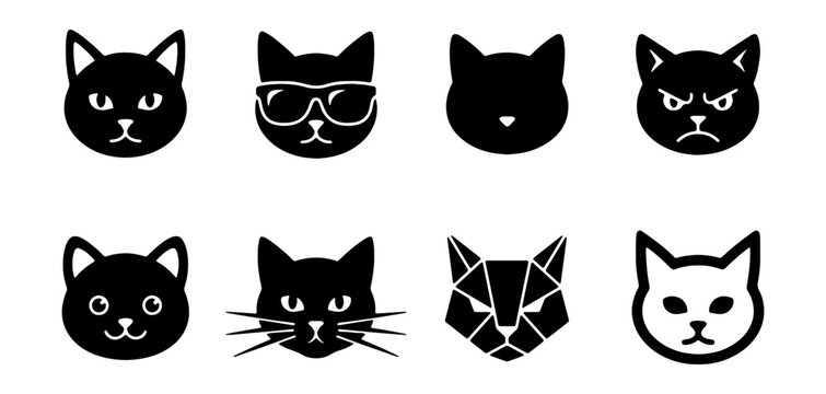 Black cat faces, feline icons, vector illustrations, emoticon set