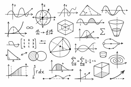 Hand Drawn Mathematical Formulas and Geometric Diagrams Set with Algebra Calculus Trigonometry and Physics Sketches including Graphs Equations Shapes Functions and Scientific Calculations on White