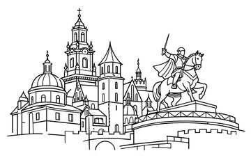 Fototapeta premium Linear Sketch of Wawel Cathedral in Krakow, Poland, Featuring the Historical Equestrian Statue of Tadeusz Kościuszko, Simple Flat Vector Illustration for Travel, Architecture, and Coloring Book.