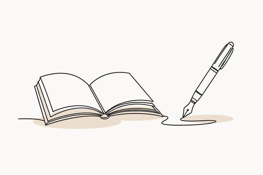 Continuous line drawing of an open book and fountain pen, minimalist vector art representing education, writing, literature, and creative storytelling for academic and professional projects.
