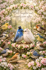 Naklejka premium Whimsical bird wedding in blooming spring forest, pastel tones, loving bird couple under floral arch with rings and petals, romantic greeting card scene with soft light and copy space. 