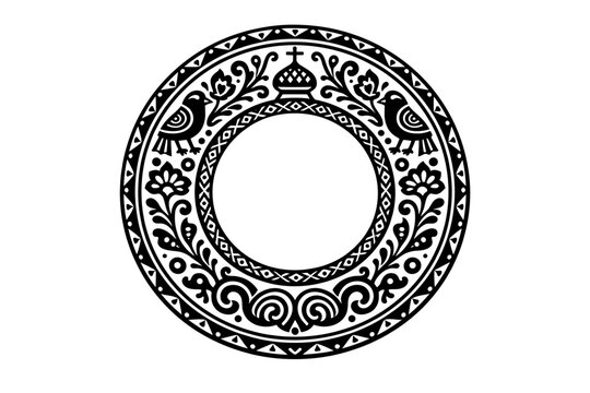 Vector Round Black Contour Ancient Russian Ornament Slavic Border Frame Circle Ring Traditional Folk Art Style with Birds and Floral Patterns Isolated on White Background Illustration