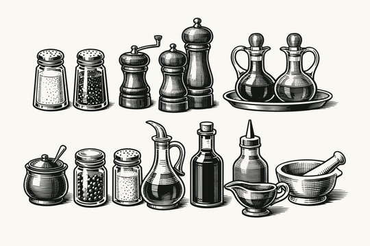 Vintage Woodcut Engraving Illustration Collection of Kitchen Condiments and Spice Containers with Salt and Pepper Shakers, Grinders, Oil and Vinegar Cruets, Mortar and Pestle, and Gravy Boat