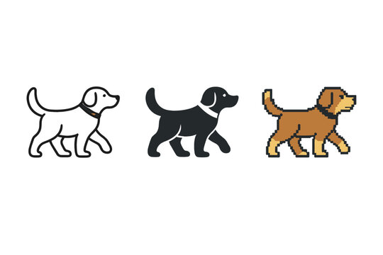 Set of walking dog icons in three distinct styles: minimalist line art, solid black silhouette, and retro 8-bit pixel art. Flat vector illustration of a puppy or labrador pet walking sideways.