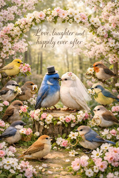 Whimsical bird wedding in blooming spring forest, pastel tones, loving bird couple under floral arch with rings and petals, romantic greeting card scene with soft light and copy space.
