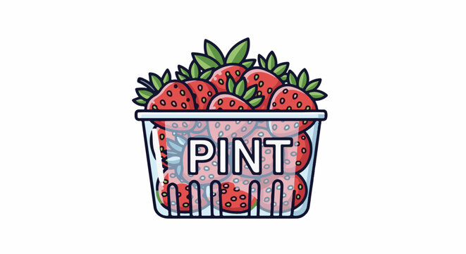 A clear plastic container filled with ripe red strawberries, labeled "PINT