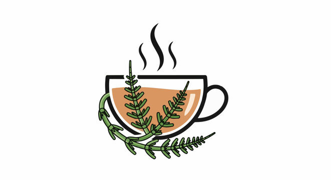 A clear cup holds warm, amber-colored tea, with steam rising. Green sprigs adorn the cup