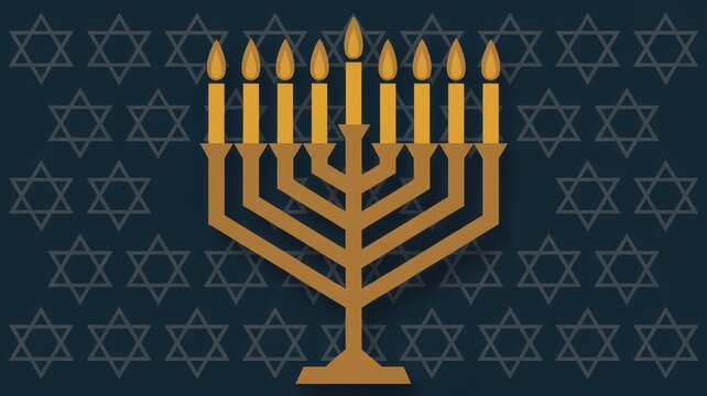 Menorah with nine candles and Star of David pattern isolated on dark blue background