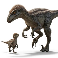 Fototapeta premium Realistic Velociraptor with Juvenile Isolated on White Background