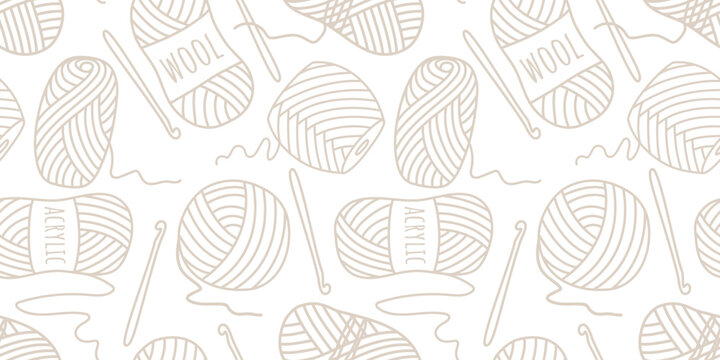 Seamless knitting pattern. White background with beige silhouettes of balls of thread, yarn, and crochet hooks. Handicraft print for packaging and design, vector graphic