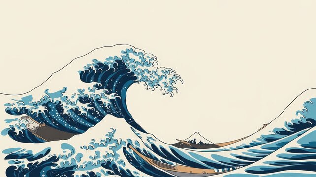 Stylized blue ocean wave in traditional Japanese woodblock print style