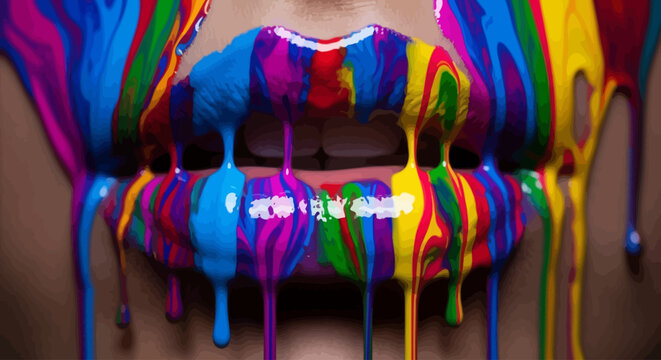 Vibrant colorful paint on lips and skin.