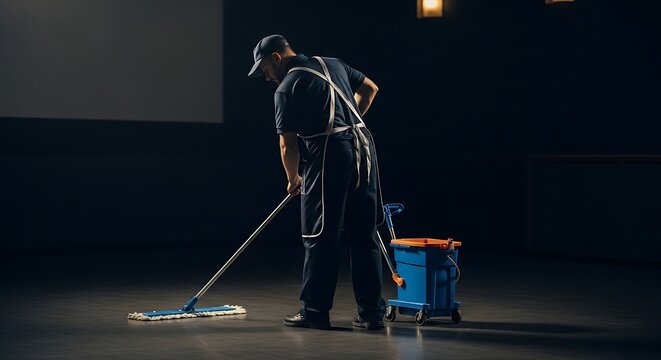 A cleaner with a mop and bucket is working on the dark floor of a theatre stage.