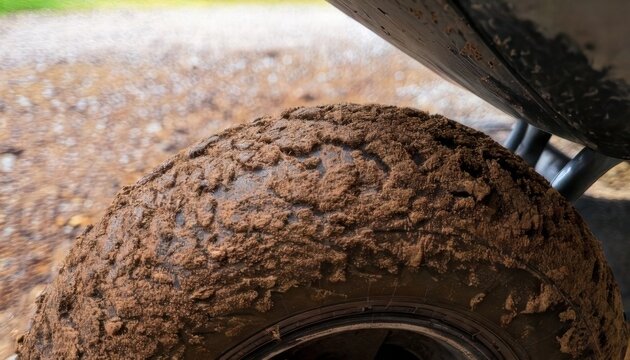 Rugged offroad vehicle tire covered in thick mud showcasing extreme terrain traction and adventure capabilities