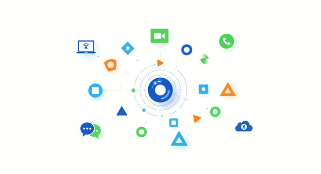 network communication icons surrounding central server hub for digital connectivity and data exchange in modern technology