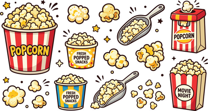 Popcorn snack cartoon vector collection with striped buckets, scoops and kernels, fun movie night food illustration set for cinema and packaging design