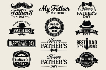 Fototapeta premium Father’s Day celebration vector illustrations featuring classic mustache motifs and vintage-inspired typography on neutral textured background