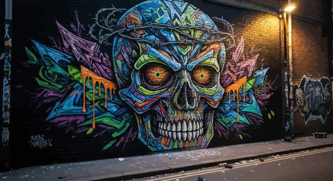 Vibrant street art skull mural at night.