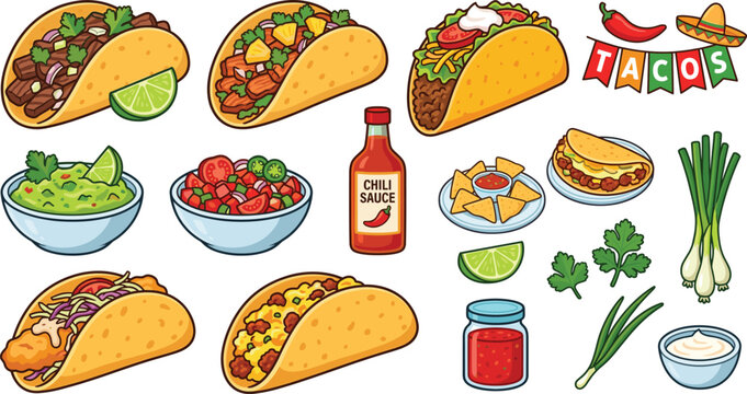 Taco Mexican food cartoon vector collection with tortillas, guacamole, salsa and ingredients, colorful street food illustration set for menu design